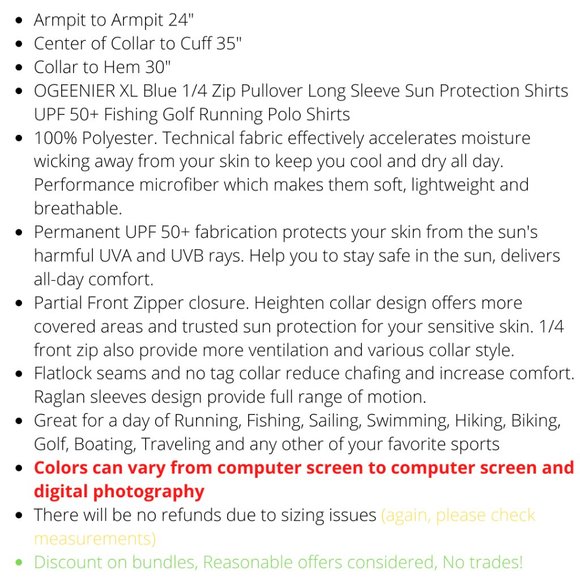 OGEENIER XL Blue 1/4 Zip Pullover Long Sleeve Sun Protection UPF 50+ Fishing - Picture 2 of 9